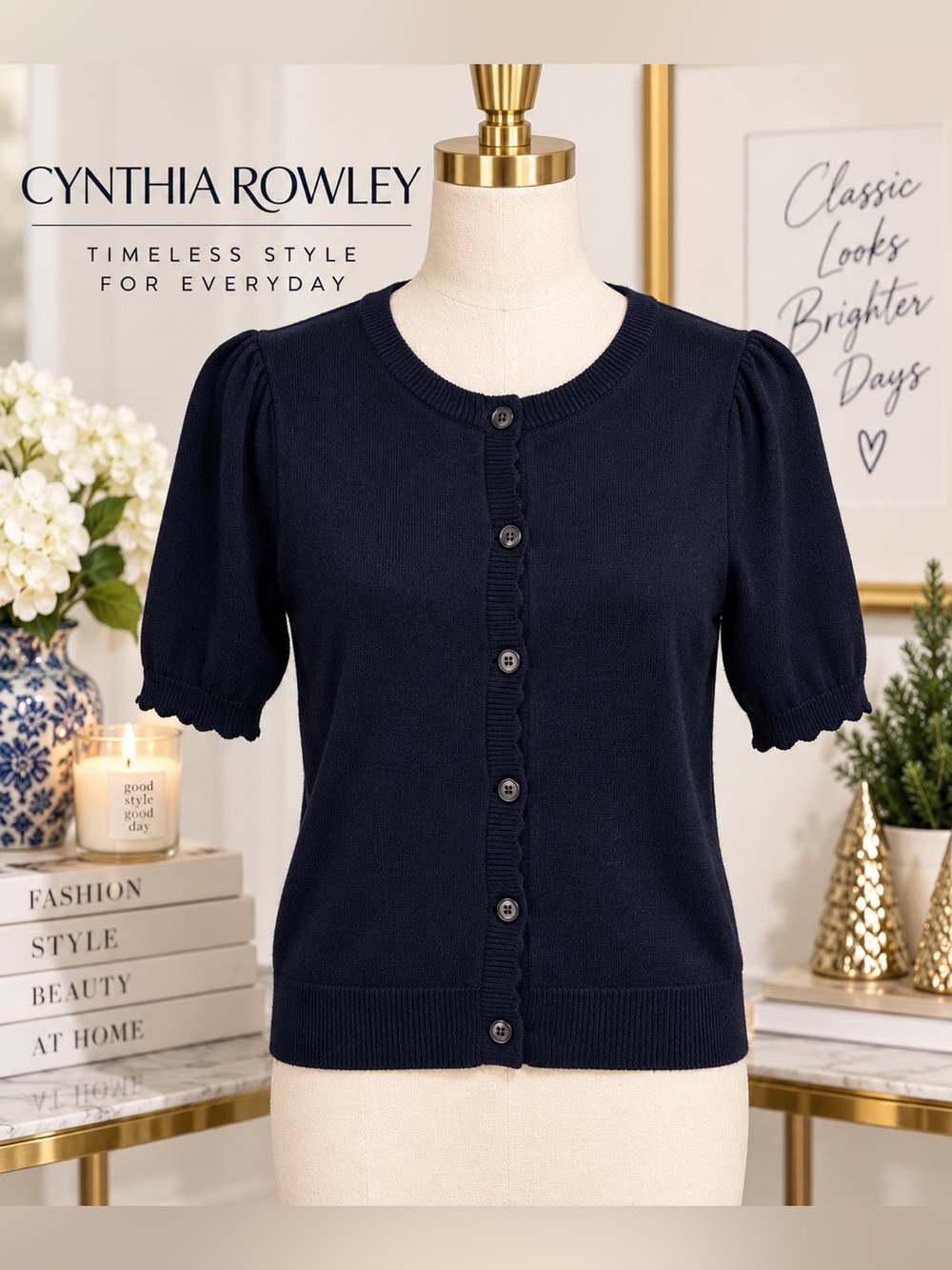 Cynthia Rowley Navy Blue Short Sleeve Button Front Cardigan Sweater Size M